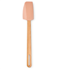 Le Creuset 11.2" silicone spatula in peach with discount info.