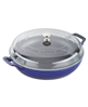 Staub 3.5-qt dark blue cast iron braiser with glass lid.