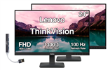 ThinkVision 24" FHD IPS Monitor, 4ms Response Time, 100 Hz Refresh rate, Anti-Glare, Flicker Free, HDMI & DKZ Hub 2Pack - Black