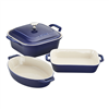 Staub 4-pc dark blue stoneware baking dish set.