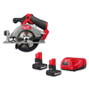 M12 fuel 12V cordless circular saw with 5-3/8 in. blade and M12 XC 5.0 Ah battery starter kit (2-pack).