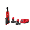 M12 12V cordless ratchet with a 2-pack of M12 5.0 Ah batteries.