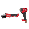 M18 fuel 18v li-ion brushless cordless 5" flathead grinder with paddle switch, no-lock, and 1/2" impact wrench.
