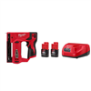 M12 12V cordless 3/8 in. crown stapler with 2-pack M12 2.0 Ah battery starter kit and charger.
