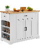 Volenca 46" MDF, Rubberwood Kitchen Island Cart with Wood Top, Storage Cabinet, Adjustable Shelf, Drawer, Farmhouse Rolling Table - White