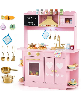 Hongge Lights and Sound Effects Wooden Play Kitchen with Cookware Set, Ages 3+ - Pink